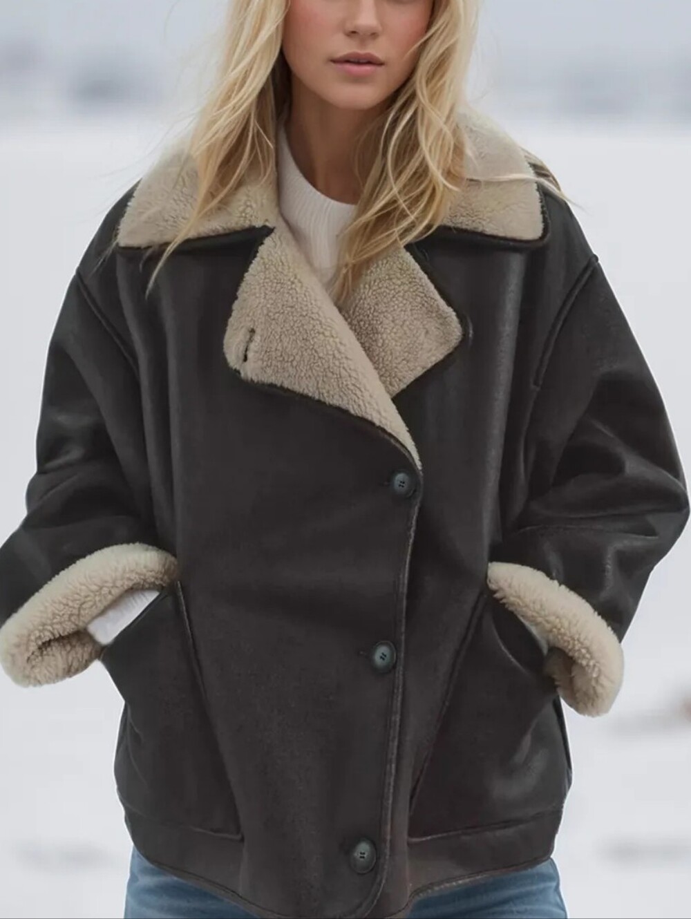 Collared Neck Long Sleeve Plush Jacket